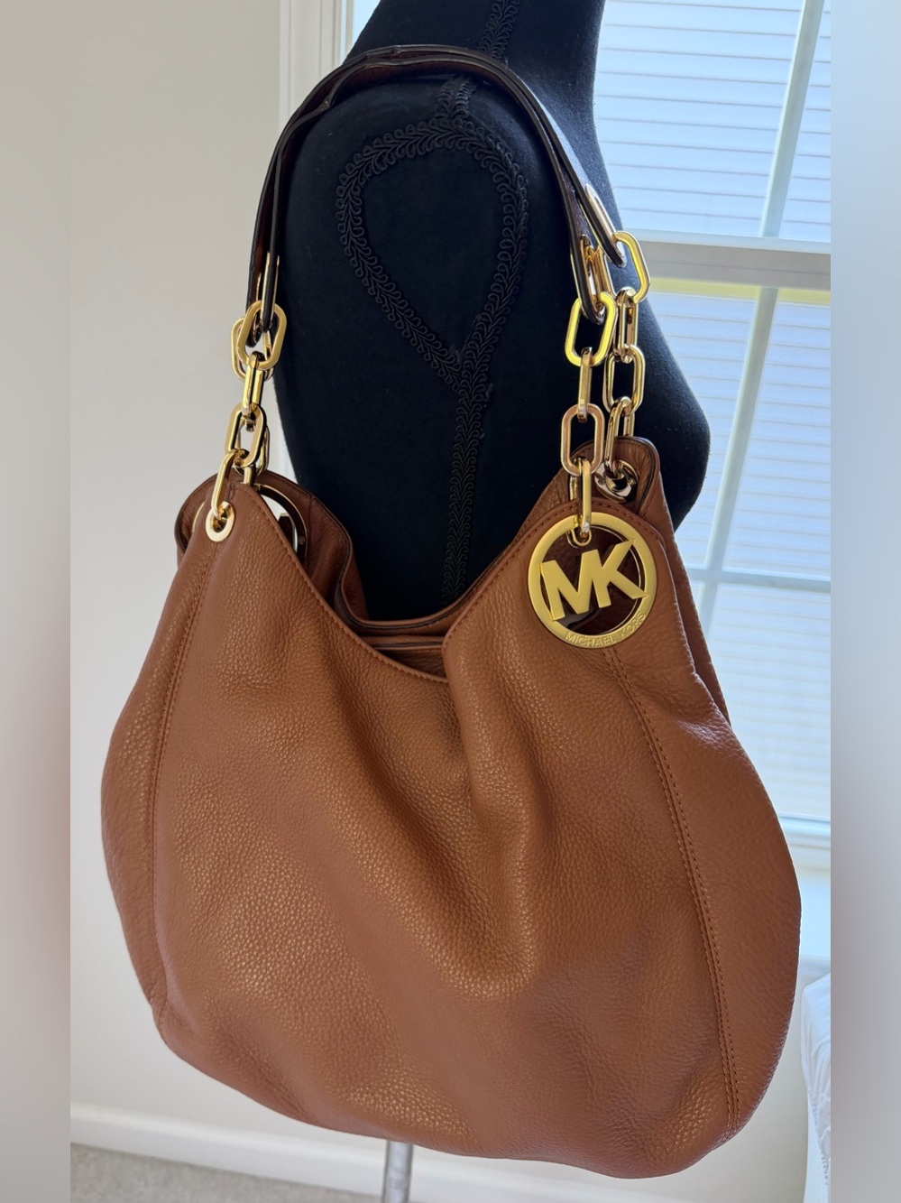 Michael Kors Cognac Pebbled Leather Large MK Charm Shoulder Tote Bag